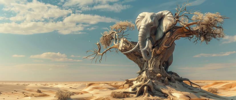 Lonely elephant perched on dead tree in desert wasteland under scorching sun for travel adventure concept