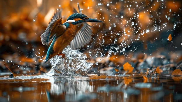 Kingfisher flying over water with spread wings in air for nature and wildlife beauty photography website