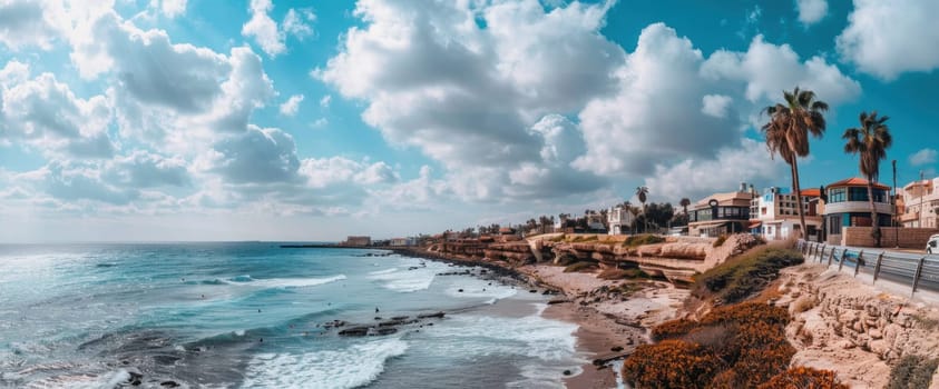 Scenic coastal view of israel beach houses under blue sky for travel and relaxation concept