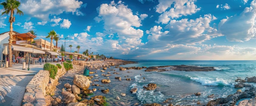 Scenic sunset view of cyprus coastline with blue sky and clouds travel and beauty of nature landscape at sea