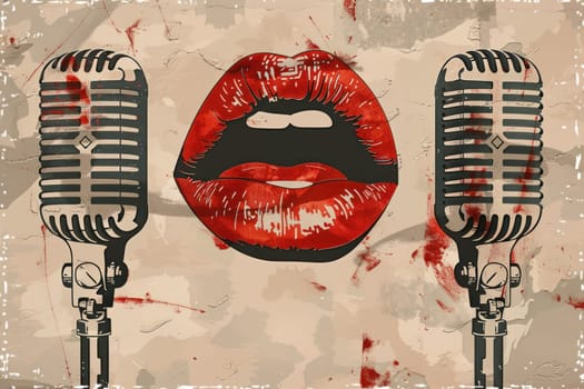 Vintage microphone and red lips on grunge background with grunge elements for music and beauty concept