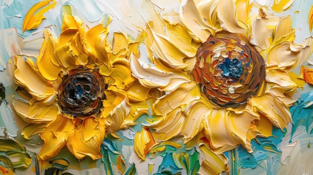 Beautiful sunflowers painting on canvas with blue background nature, art, flower, design, decorative, home, wall decor