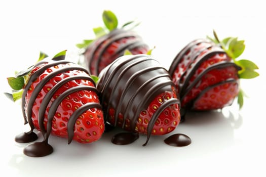 Four strawberries covered in melted chocolate on a white background. The strawberries are arranged in a row with the chocolate dripping down the sides.