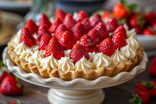 Close-up of a strawberry tart with whipped cream on a white cake stand. The tart is made with a flaky crust and fresh strawberries.