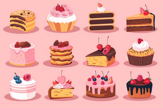 A digital illustration of 12 different cake designs, featuring berries, chocolate icing, and other decorative elements.