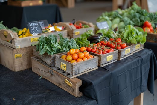 A wooden table at a farmers market filled with crates of fresh vegetables.