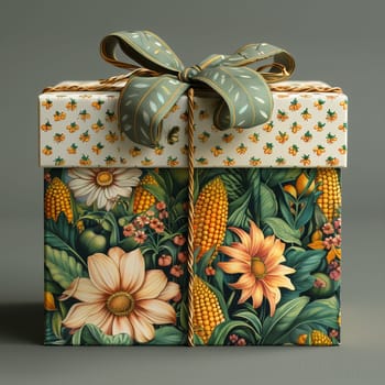 A square gift box with a floral and corn pattern sits on a green surface. The box is decorated with yellow corn, green leaves, and pink flowers.