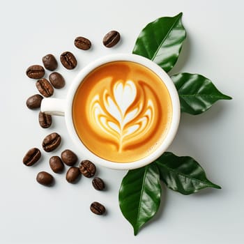 Creamy latte cup with coffee art surrounded by leaves and roast beans in a cappuccino design