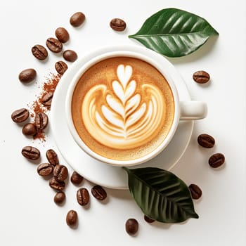 Coffee latte art with beans around a cappuccino cup, displaying beautiful foam and creamy beverage