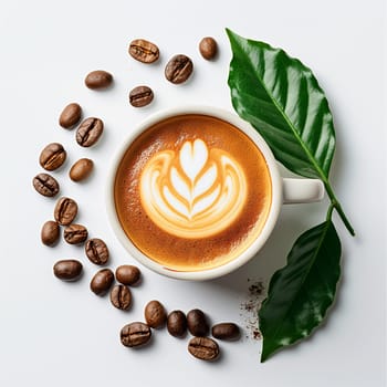 A latte with beautiful art in a cup surrounded by coffee beans and leaf perfect for morning brewing