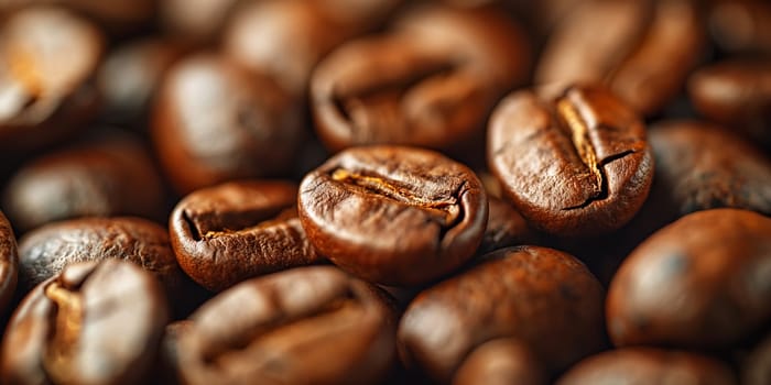 Fresh roasted dark organic coffee beans closeup with rich aroma and flavor