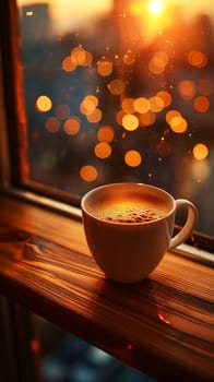 Sunset coffee mug with bokeh through window casting warmth and cozy glow during evening
