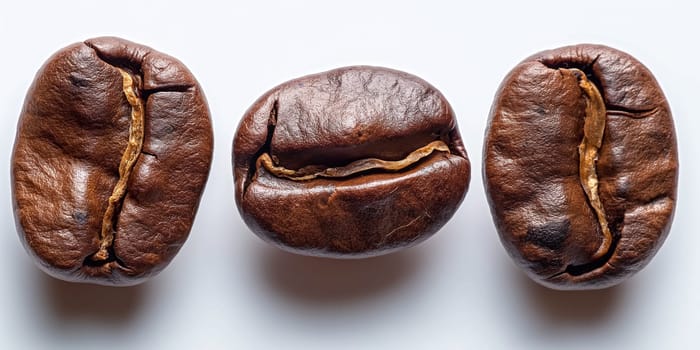 Macro closeup of three roasted brown coffee beans isolated with rich aroma and texture