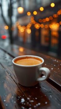 A cozy coffee cup on a wet wooden table outdoors with bokeh lights in the background