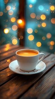 A cozy coffee cup with bokeh background on a wood table, perfect for a warm morning drink scene