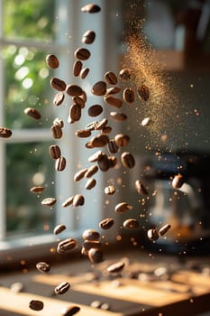Flying coffee beans in sunlight-filled kitchen for a perfect morning breakfast photo