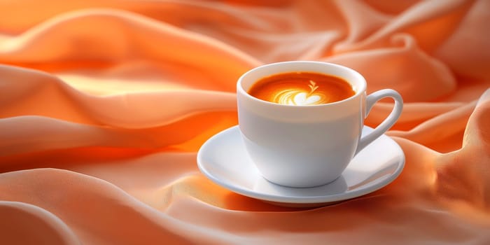 Morning coffee cup with latte art in white saucer, featuring foam beverage on a table