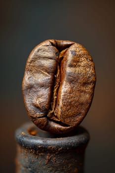 Macro closeup of a single roasted coffee bean with rich aroma and detailed texture in brown tones