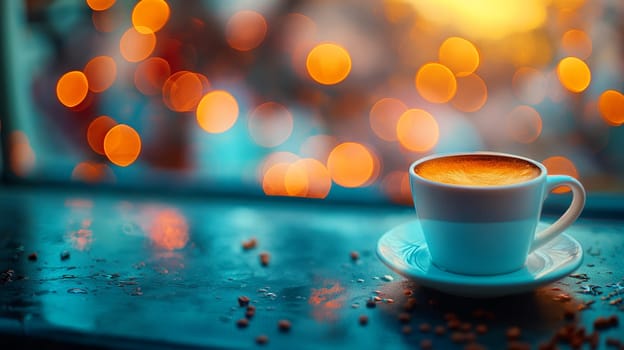 A cup of coffee with bokeh background on a warm table gives a cozy morning drink scene