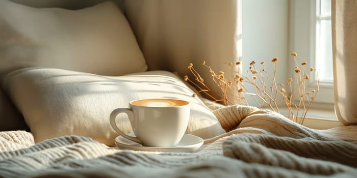 Cozy morning with coffee cup on bed, sunlight streaming through window for a comfortable start