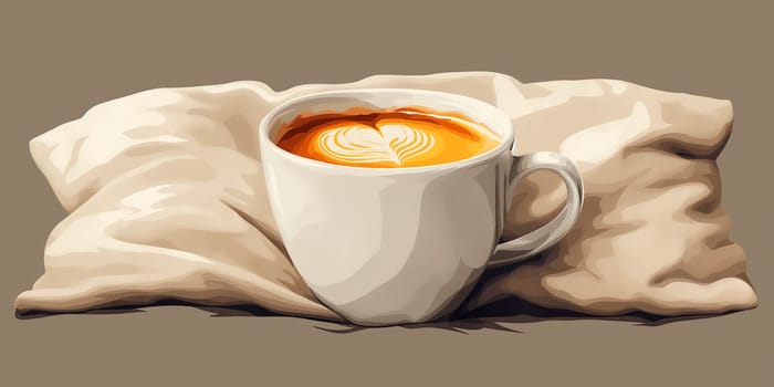 A cozy cup of creamy latte coffee with froth art on a soft pillow