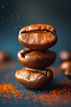 Stacked brown roasted coffee beans macro showing texture with powder in closeup background