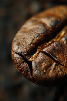 Close-up of a single roasted coffee bean showing detailed texture and brown color