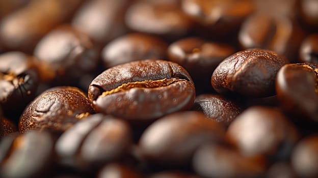 Closeup of roasted brown coffee beans with a rich aroma, perfect beverage for a morning caffeine boost