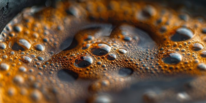 Closeup of coffee bubbles and foam in a macro shot showcasing texture and detail of the drink surface