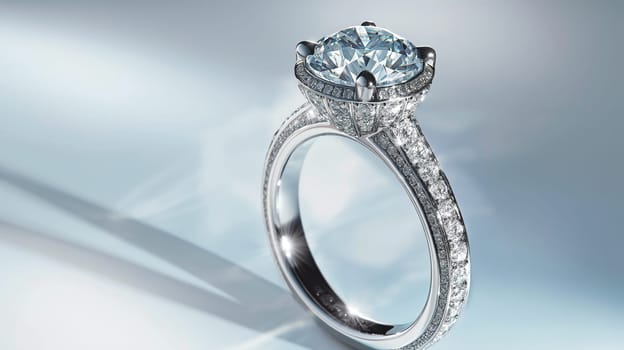 Diamond ring with sparkling gemstone silver band for engagement and wedding surrounded by bokeh