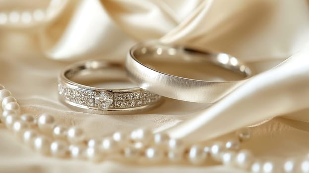 Wedding rings and pearls on satin, showcasing gold, silver, and diamond bridal jewelry