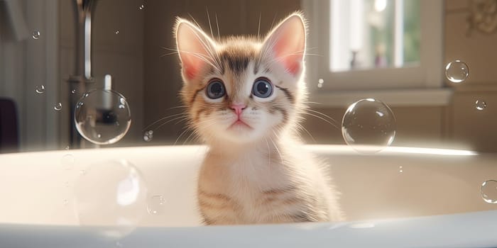 Cute Kitty In Bathroom Tub With Soapy Bubbles Floating Around