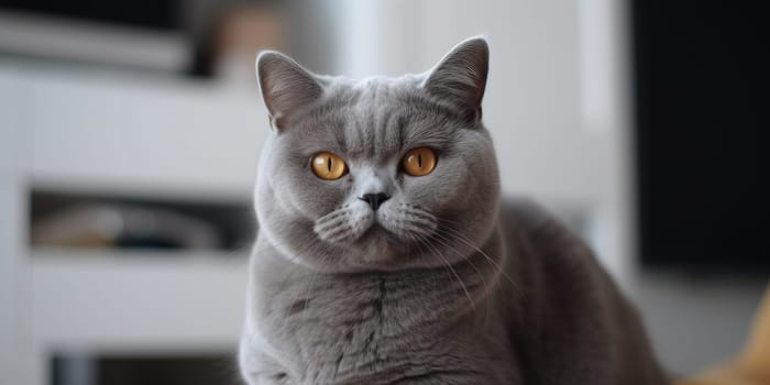 Lovely British Shorthair Breed Cat, Grey In Color, Sitting Inside