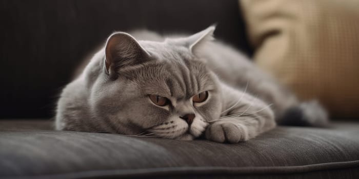 Lovely British Shorthair Grey Cat Napping On A Couch