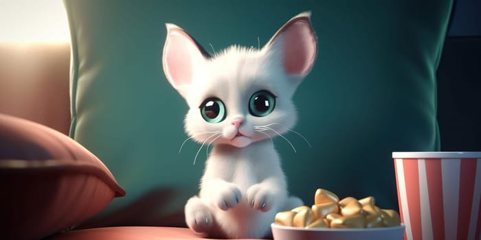 Cartoon Illustration Of A Funny White Kitten Watching Tv And Eating Popcorn