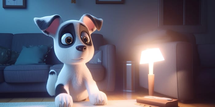 Cartoon Illustration Of A Funny Puppy At Home During The Evening
