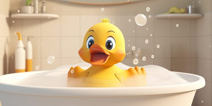 Cartoon Image Of A Humorous Yellow Duck Bathing With Soap Bubbles In The Bathroom