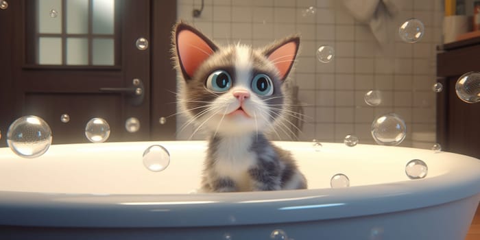 Cartoon Illustration Of A Funny Kitten Bathing With Soap Bubbles In The Bathroom