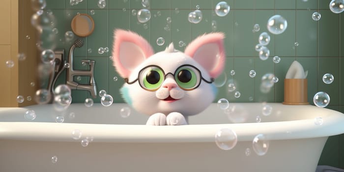 Cartoon Illustration Of A Funny Kitten Bathing With Soap Bubbles In The Bathroom
