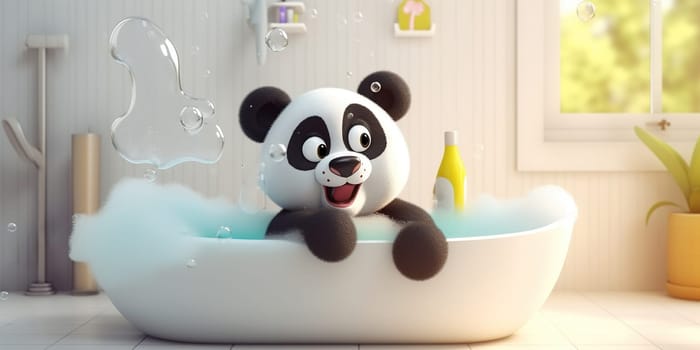 Cartoon Illustration Of A Funny Panda Washing In The Bathroom With Soap Bubbles