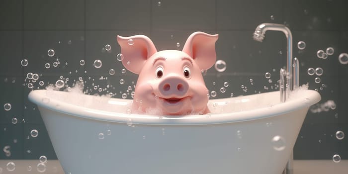 Cartoon Illustration Of A Funny Pig Washing In The Bathroom With Soap Bubbles