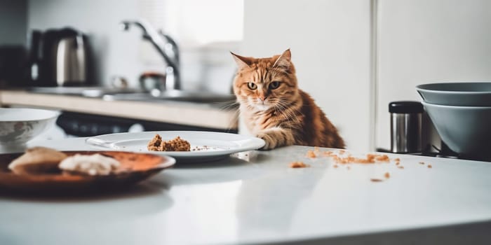 Red Cat Attempting To Snatch Food From The Kitchen Table