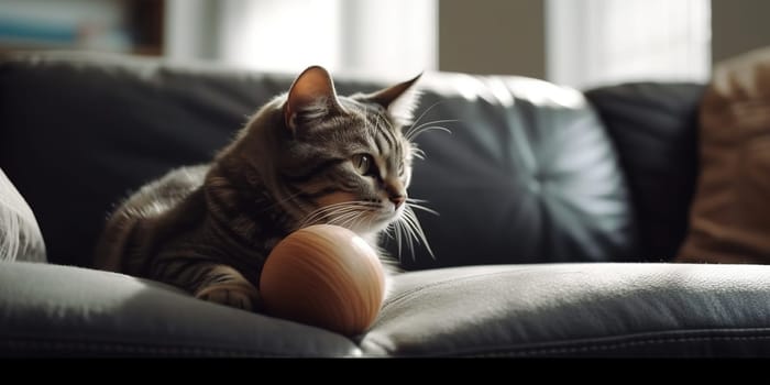 Cat Amusing Itself With A Ball Of Yarn On A Couch