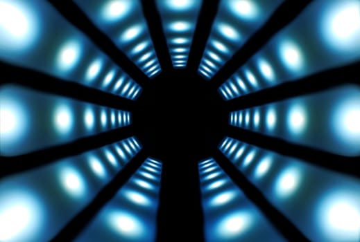 Tunnel with blue wall panels of secondary lighting.