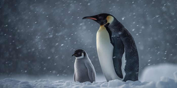 Adult Royal Penguin And Tiny Penguin Chick Under Falling Snow In Their Natural Habitat