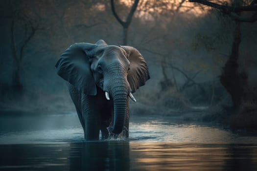 Close Up View Of Elephant Playing With Water In Jungle River