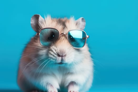 Humorous Hamster Wearing Mirrored Sunglasses Against A Blue Background