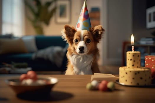 3D Dog In Party Hat With Gift, Sitting At Table On Birthday