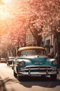 vintage car drives through a sunny, colorful city in spring