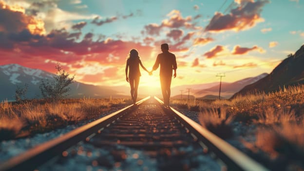 Romantic couple walking on railroad tracks at sunset with majestic mountains in the background for travel and adventure concepts